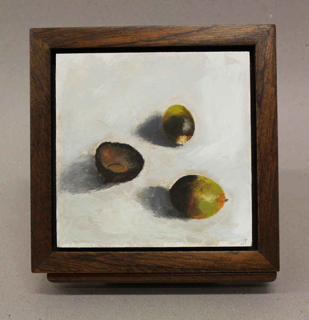 Acorns, Oil on Panel, Framed in Sapele Wood, 7"x 7"