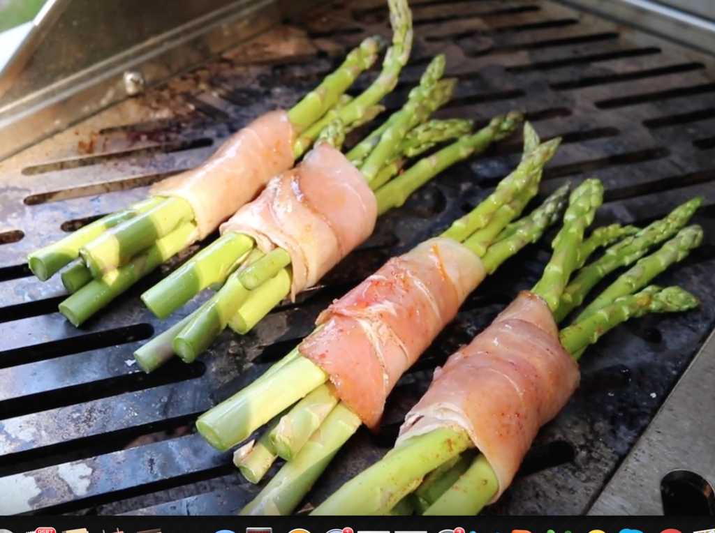 Grill Asparagus bundles on high heat for 3-4 minutes until prosciutto crisps
